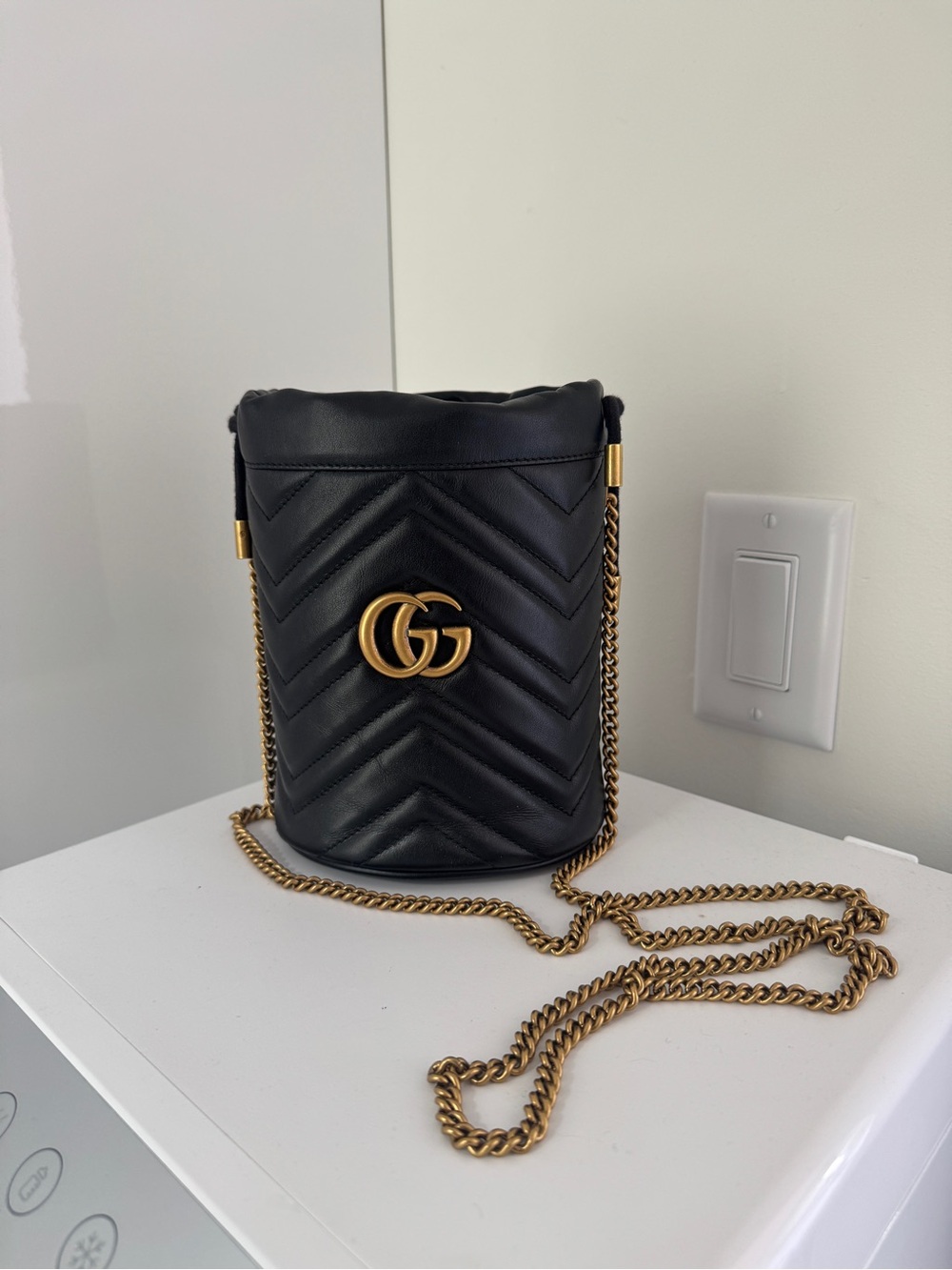 Gucci Black Quilted GG Marmont Bucket Crossbody with Gold Chain